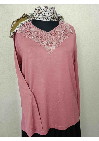 Kadın Giyim Pembe Güpürlü Uzun Kollu Anne Penyesi