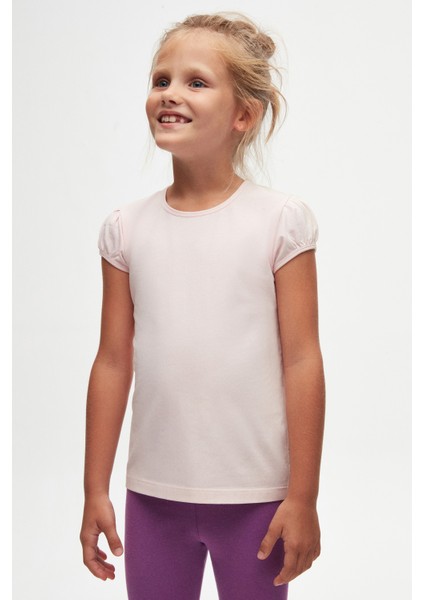 Uçuk pembe Basic Kız Çocuk Sıfır Yaka Karpuz Kol Tişört