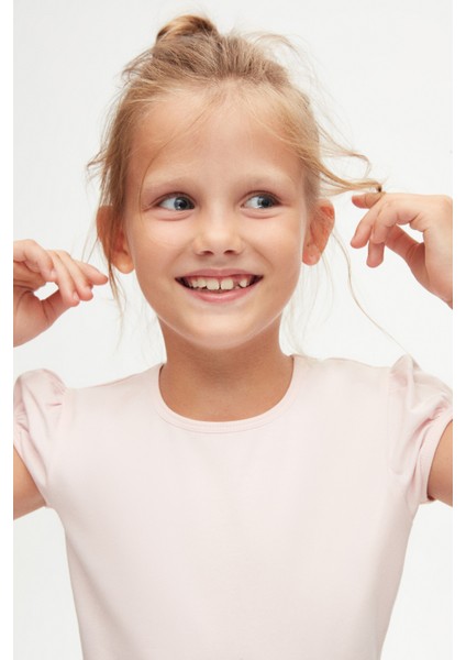 Uçuk pembe Basic Kız Çocuk Sıfır Yaka Karpuz Kol Tişört fiyatları