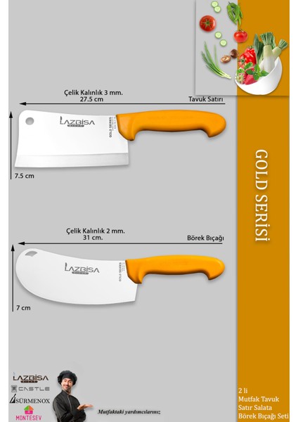 Gold Serisi Pide Börek Mutfak Bıçağı Salata Pizza Bıçak Kıyma Satırı Doğrama 2 Li Set ( Mft-012 ) fiyatları
