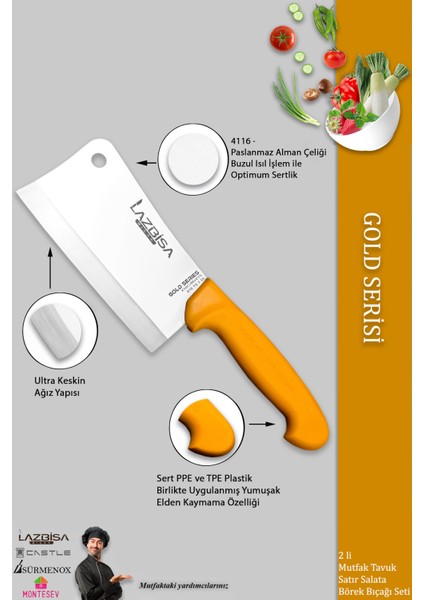 Gold Serisi Pide Börek Mutfak Bıçağı Salata Pizza Bıçak Kıyma Satırı Doğrama 2 Li Set ( Mft-012 ) modelleri