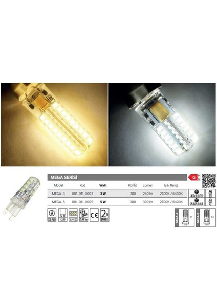 Kapsül LED Ampul 220V 3W 6500K 240LM G9 Duy (Iğne Ayak) ( Mega Serisi )(200AD)