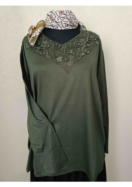 Kadın Giyim Yeşil Renk Güpürlü Uzun Kollu Anne Penyesi