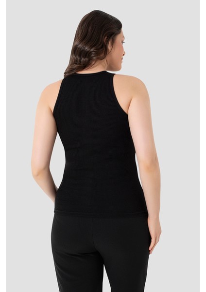 Kadın Pamuklu Fitilli Görünümlü Halter Yaka Basic Siyah Atlet