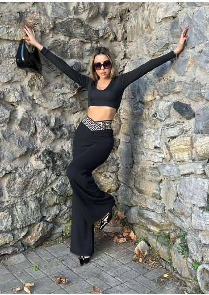 Kadın Belde Kruvaze ve Ribana Detay Ispanyol Paça Ithal Krep Pantolon fırsatları