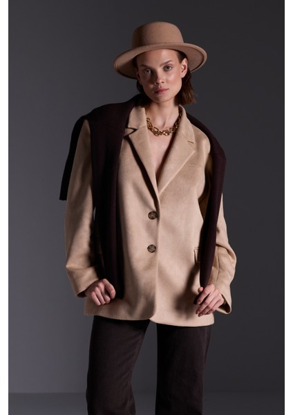Premium Oversize Çift Düğme Blazer Kadın Süet Ceket