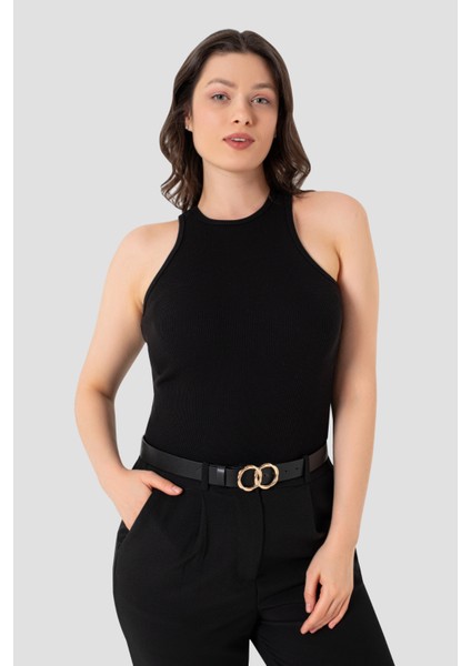 Kadın Pamuklu Fitilli Görünümlü Halter Yaka Basic Siyah - Beyaz Atlet 2'li Paket