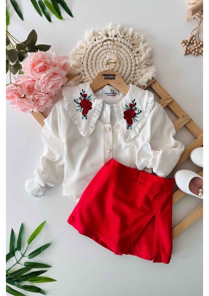 Miniğimin Cicileri Yaka Gül Nakışlı Triko Hırkalı Şort Etekli Kız Çocuk 3 lü takım - Kırmızı
