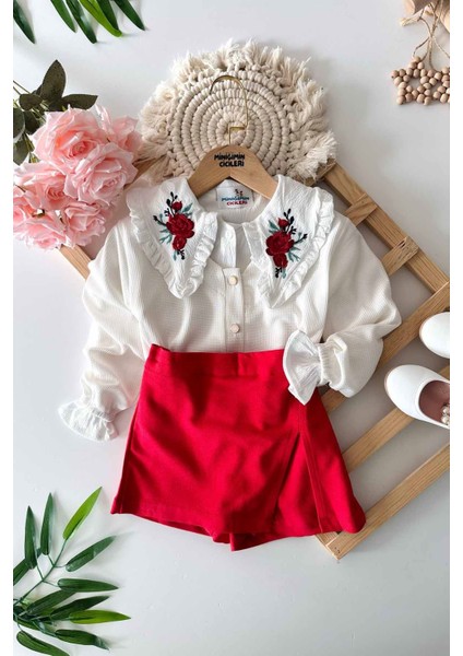 Miniğimin Cicileri Yaka Gül Nakışlı Triko Hırkalı Şort Etekli Kız Çocuk 3 lü takım - Kırmızı fiyatları