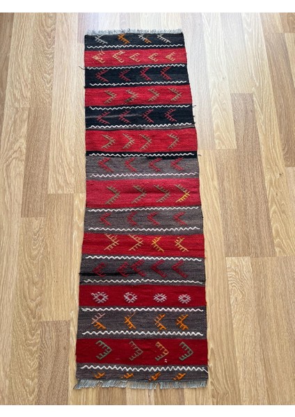45X145 cm Siyah Kırmızı Çizgili Kilim, Bohem Stil Vintage Türk Kilimi, Şık Dekoratif Kilim, Antika Ev Hediyesi