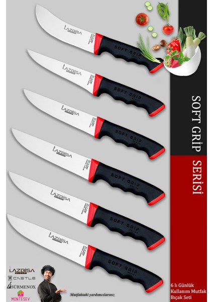 Soft Grip Mutfak Bıçak Seti Et Ekmek Sebze Bıçağı 6 Lı Set Günlük Kullanım ( Mtf-060 )