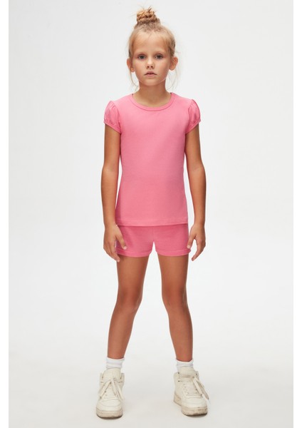 Şeker pembe Basic Kız Çocuk Sıfır Yaka Karpuz Kol Tişört