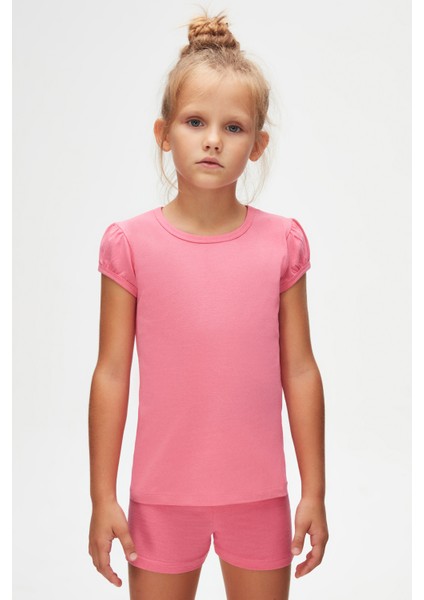 Şeker pembe Basic Kız Çocuk Sıfır Yaka Karpuz Kol Tişört fiyatları