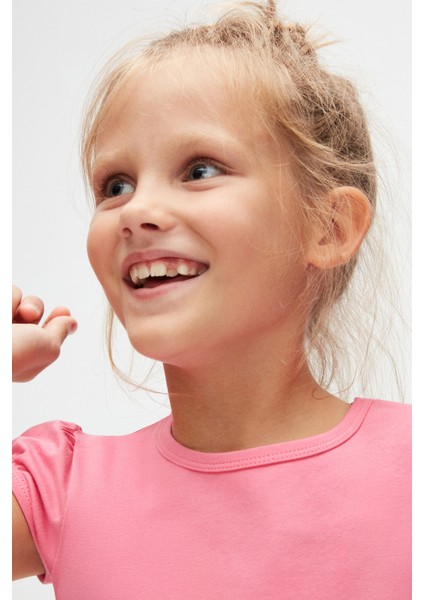 Şeker pembe Basic Kız Çocuk Sıfır Yaka Karpuz Kol Tişört modelleri