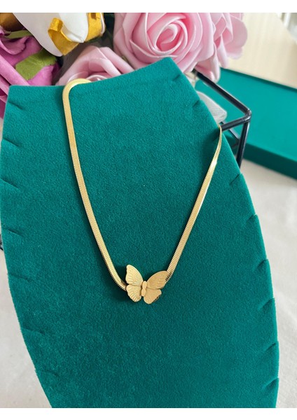 316 L Paslanmaz Gold Renk İtalyan Zincir Model İşlemeli Kelebek Figür Kadın Çelik Kolye - HMÇK-0056