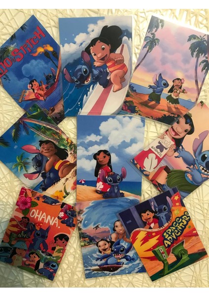 Lilo ve Stitch Temalı Fotoğraf Kağıdına Pvc Kaplama 9 Adet 6x8 cm Fotokart Kartpostal