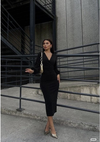 Kadın Uzun Kollu Kruvaze Yaka Büzgü Ve Balon Kol Detay Krep Kumaş Maxi Boy Elbise indirimleri