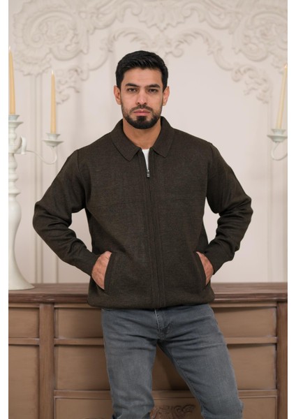 Polo Yaka Fermuar Kapamalı Klasik Kesim Astarlı Çelik Örgü Hırka