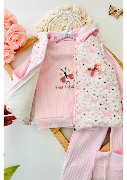 Miniğimin Cicileri Kelebek Aplike Nakışlı Şişme Yelekli 3 Lü kız bebe takım - Pembe