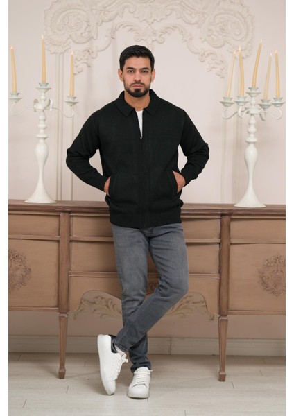 Polo Yaka Fermuar Kapamalı Klasik Kesim Astarlı Çelik Örgü Hırka