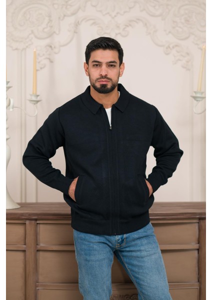 Polo Yaka Fermuar Kapamalı Klasik Kesim Astarlı Çelik Örgü Hırka