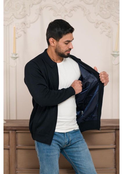 Polo Yaka Fermuar Kapamalı Klasik Kesim Astarlı Çelik Örgü Hırka modelleri