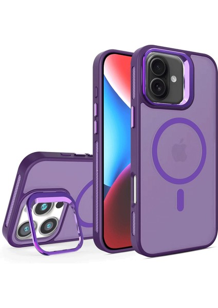 iPhone 16 Stantlı Kılıf Lens Korumalı Kılıf Mat Magsafe Özellikli Kılıf - Derin Mor
