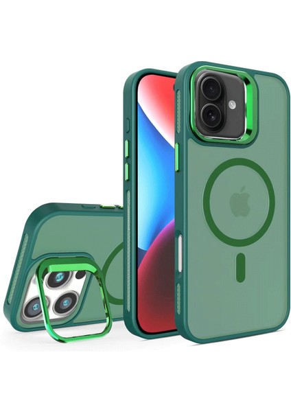 iPhone 16 Plus Stantlı Kılıf Lens Korumalı Kılıf Mat Magsafe Özellikli Kılıf - Koyu Yeşil