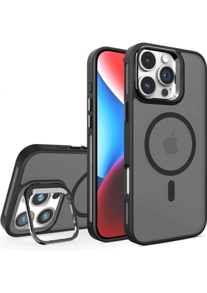iPhone 16 Pro Max Stantlı Kılıf Lens Korumalı Kılıf Mat Magsafe Özellikli Kılıf - Siyah