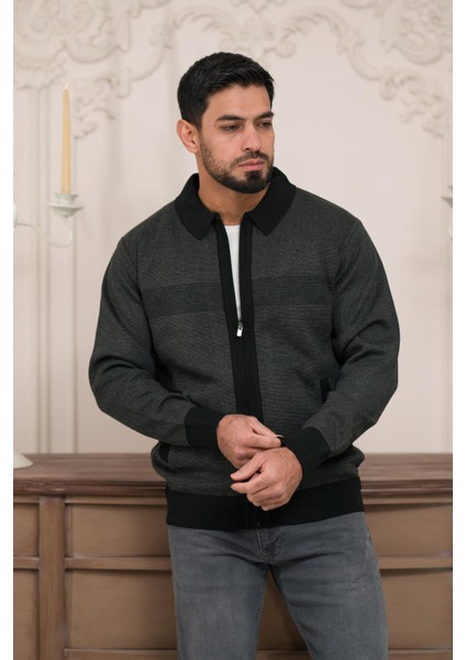 Polo Yaka Fermuar Kapamalı Klasik Kesim Astarlı Desenli Çelik Örgü Hırka