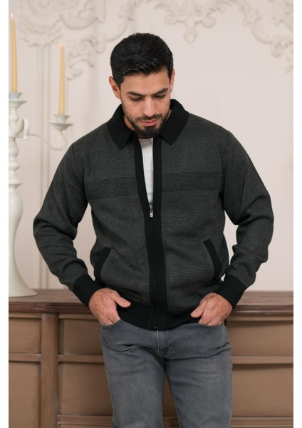 Polo Yaka Fermuar Kapamalı Klasik Kesim Astarlı Desenli Çelik Örgü Hırka modelleri