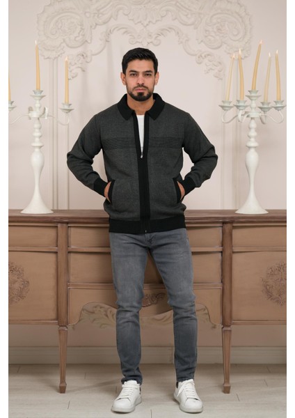 Polo Yaka Fermuar Kapamalı Klasik Kesim Astarlı Desenli Çelik Örgü Hırka fırsatları