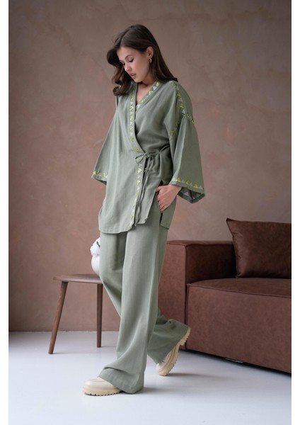 Kadın Haki Keten Nakış ve Pul Detaylı Kimono ve Pantolon Alt/üst Takım 29033