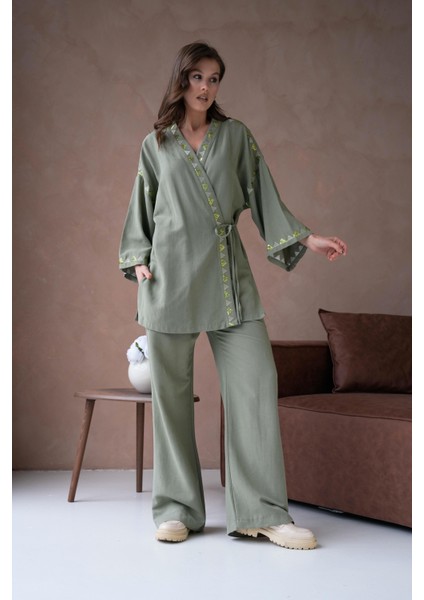 Kadın Haki Keten Nakış ve Pul Detaylı Kimono ve Pantolon Alt/üst Takım 29033 fiyatları
