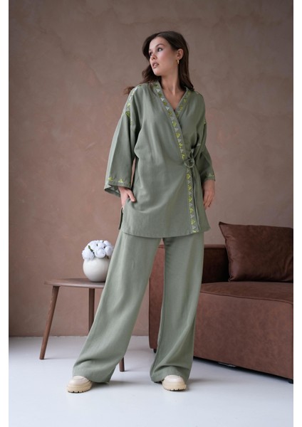 Kadın Haki Keten Nakış ve Pul Detaylı Kimono ve Pantolon Alt/üst Takım 29033 fırsatları