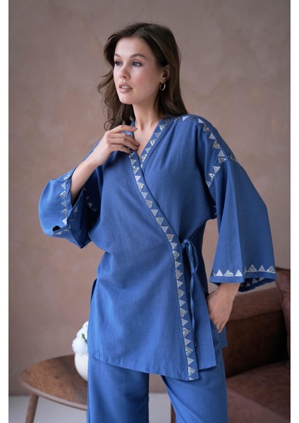 Kadın Indigo Keten Nakış ve Pul Detaylı Kimono ve Pantolon Alt/üst Takım 29033