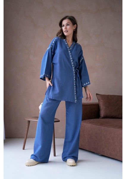 Kadın Indigo Keten Nakış ve Pul Detaylı Kimono ve Pantolon Alt/üst Takım 29033 fiyatları