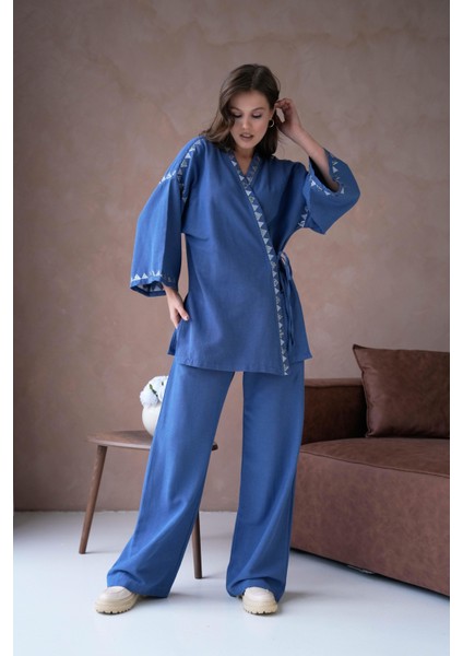 Kadın Indigo Keten Nakış ve Pul Detaylı Kimono ve Pantolon Alt/üst Takım 29033 fırsatları