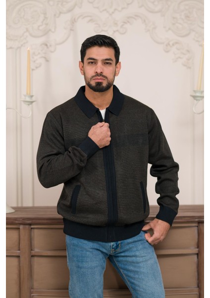 Polo Yaka Fermuar Kapamalı Klasik Kesim Astarlı Desenli Çelik Örgü Hırka