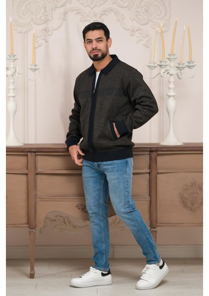Polo Yaka Fermuar Kapamalı Klasik Kesim Astarlı Desenli Çelik Örgü Hırka fiyatları