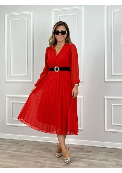 Kadın şifon Kumaş Astalı Kloş Kesim Kruvaze Yaka Midi Boy Elbise fiyatları
