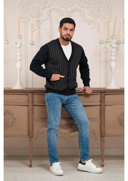 Regular Fit V Yaka Ön Cepli Desenli Triko Hırka