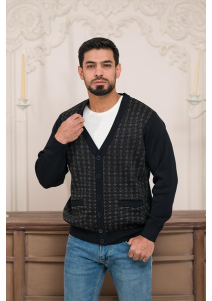 Regular Fit V Yaka Ön Cepli Desenli Triko Hırka
