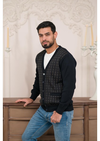 Regular Fit V Yaka Ön Cepli Desenli Triko Hırka