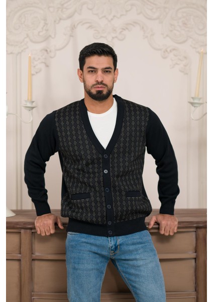 Regular Fit V Yaka Ön Cepli Desenli Triko Hırka