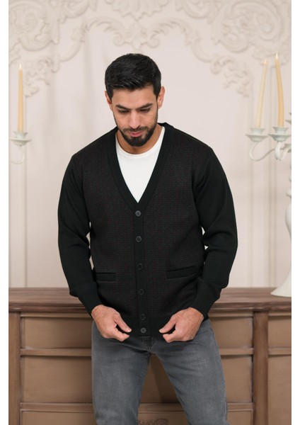 Regular Fit V Yaka Ön Cepli Desenli Triko Hırka