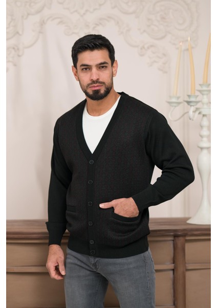 Regular Fit V Yaka Ön Cepli Desenli Triko Hırka