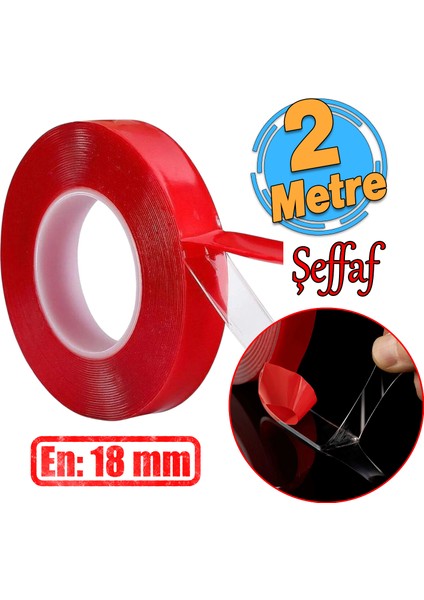 Çift Taraflı Silikon Bant Montaj Bandı Şeffaf 18 mm x 2 Metre Güçlü Çok Amaçlı Yapıştırıcı 1 Adet