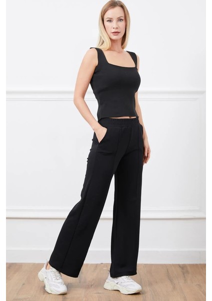 Çimalı Bol Paça Siyah Klasik Pantolon