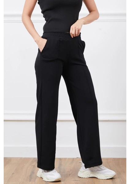 Çimalı Bol Paça Siyah Klasik Pantolon